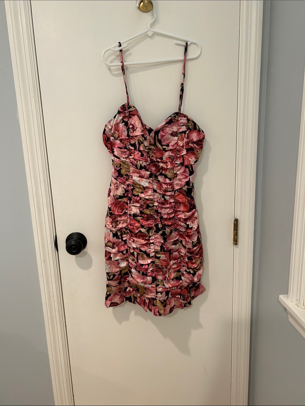 Showpo Pink Floral Ruched Spaghetti Strap Mini Dress